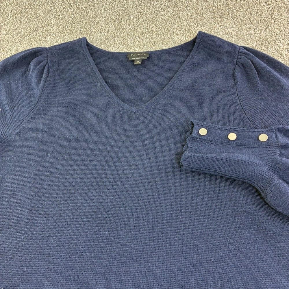 Talbots Navy Blue Merino Wool V Neck Puff Sleeve Sweater Dress Size M